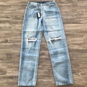 Mid Wash Denim Distressed Knee Extra Long Jeans
